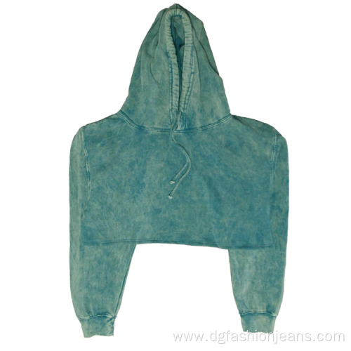 Cotton Aqua Mineral Wash Crop Top Women Hoodie